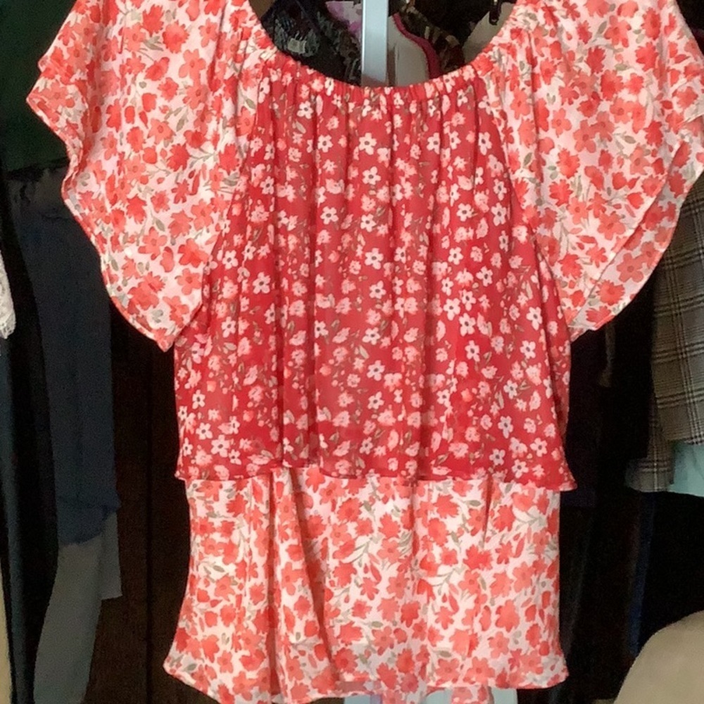 🌸 Boho Floral Peasant Top Blouse Women’s L Red Tiered Festival Summer Bohemian - Picture 5 of 6